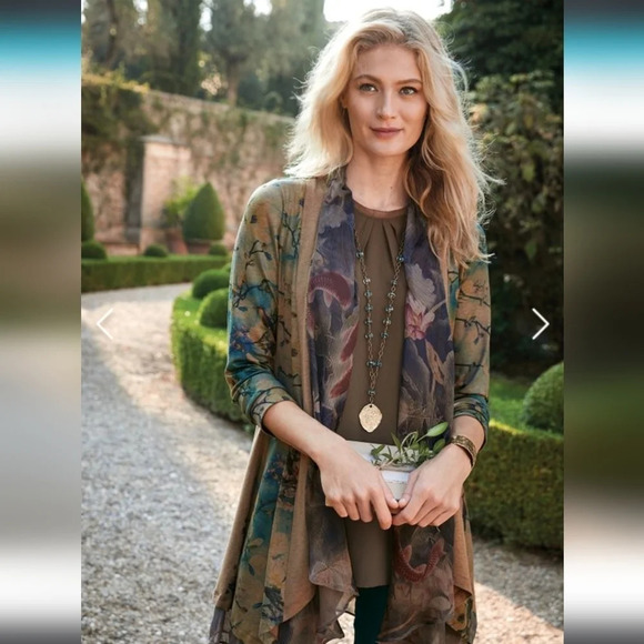 Soft Surroundings M Tea Gardens Topper Bird Sweater Cardigan Fairy Mystical Boho - Picture 2 of 13